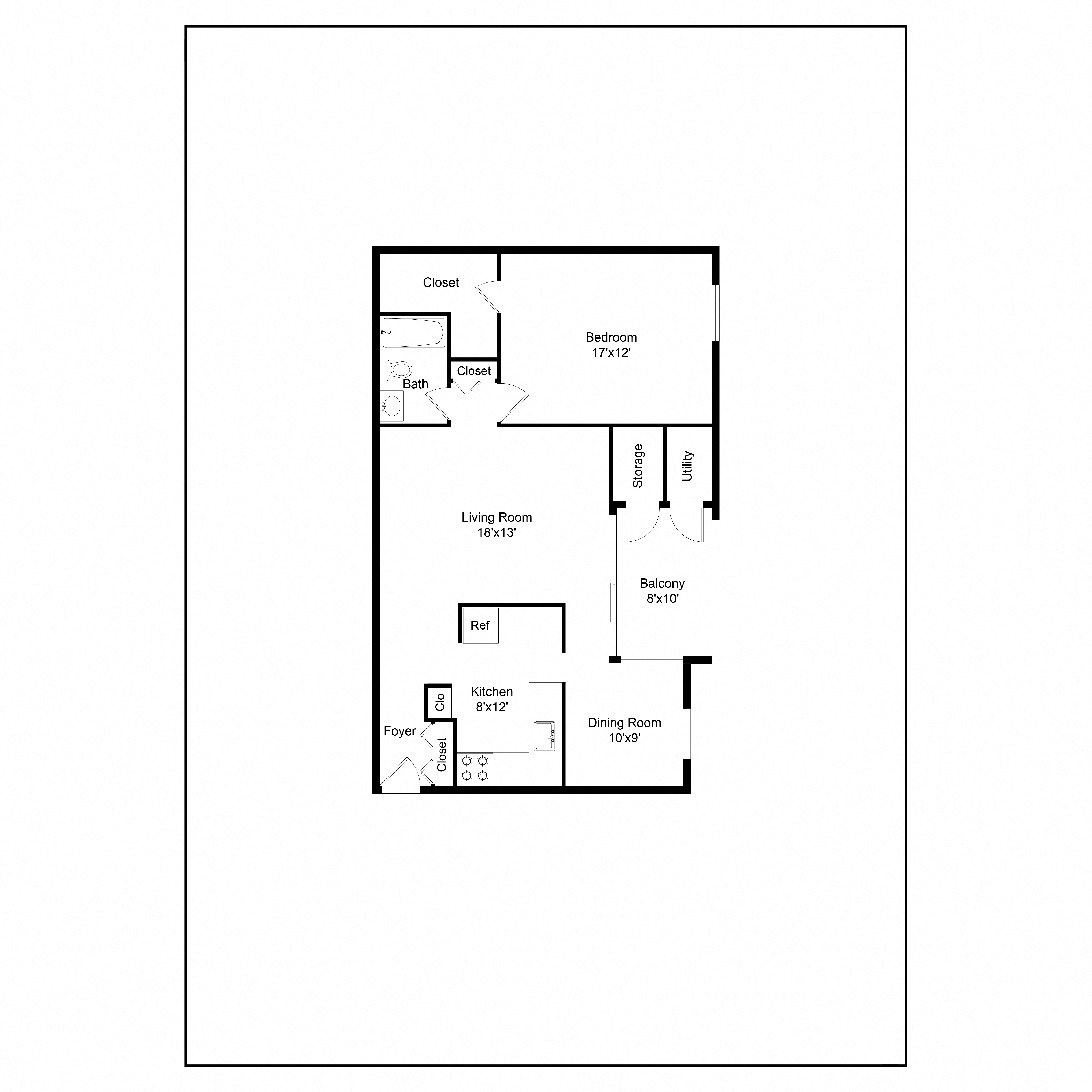 Floor plan for 1 bed, 1 bath, 815 sqft